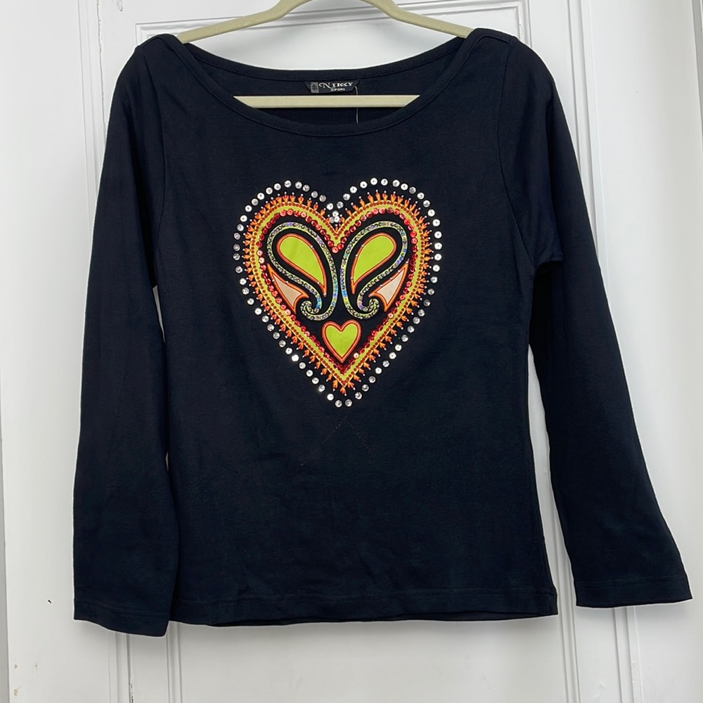 NIKKY Sports Black Long Sleeve T-shirt with embellished heart sequins beads